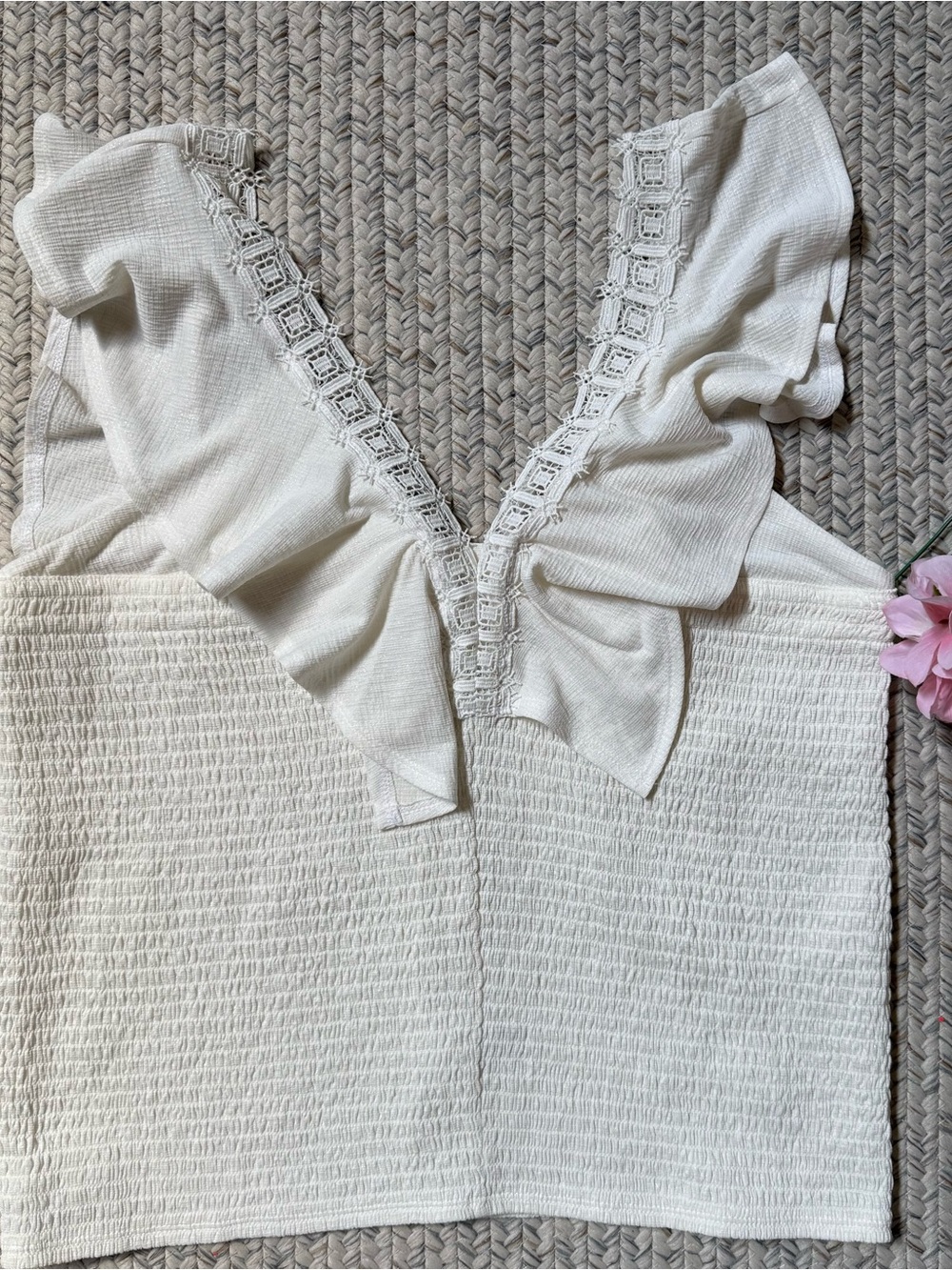 Women’s White Ruffle V-Neck Smocked Top